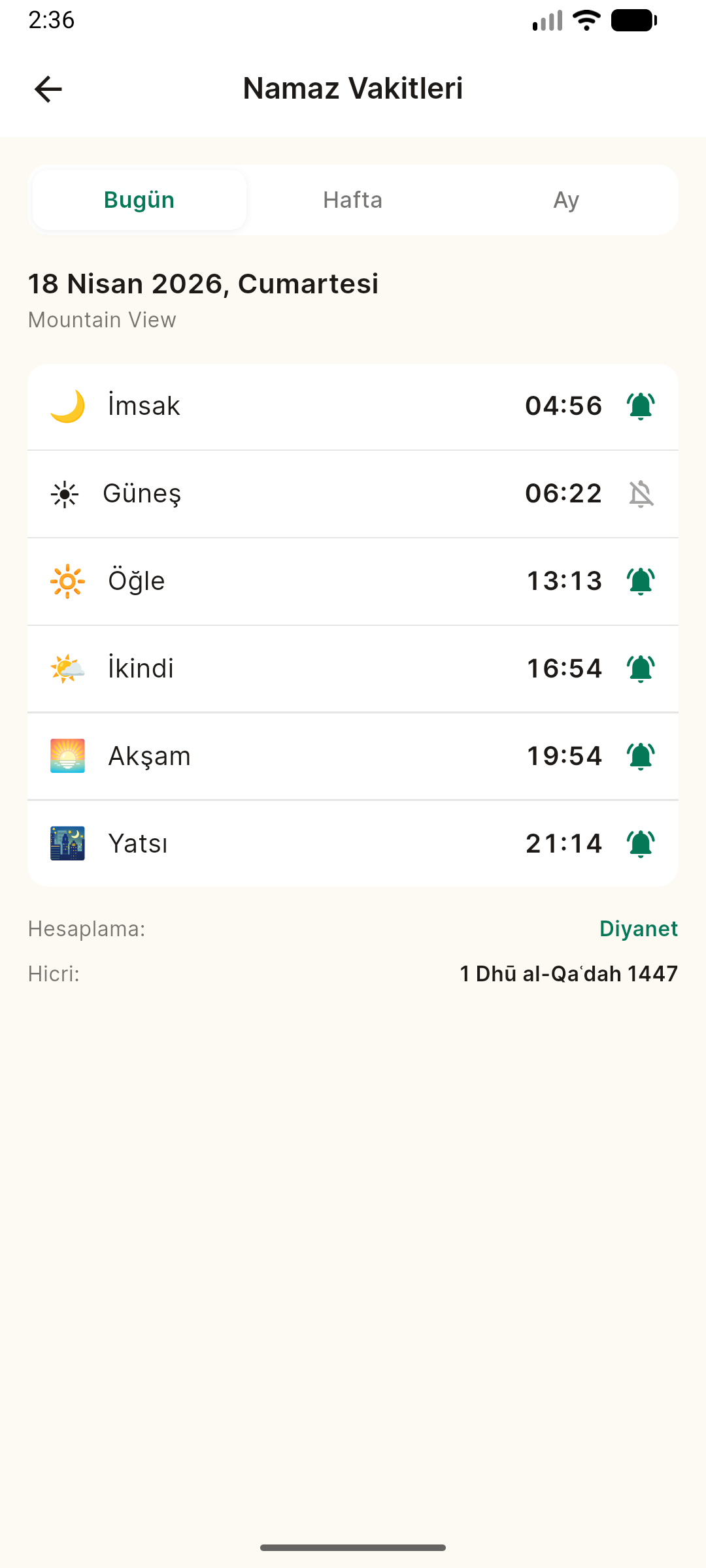 Namaz vakitleri ekranı
